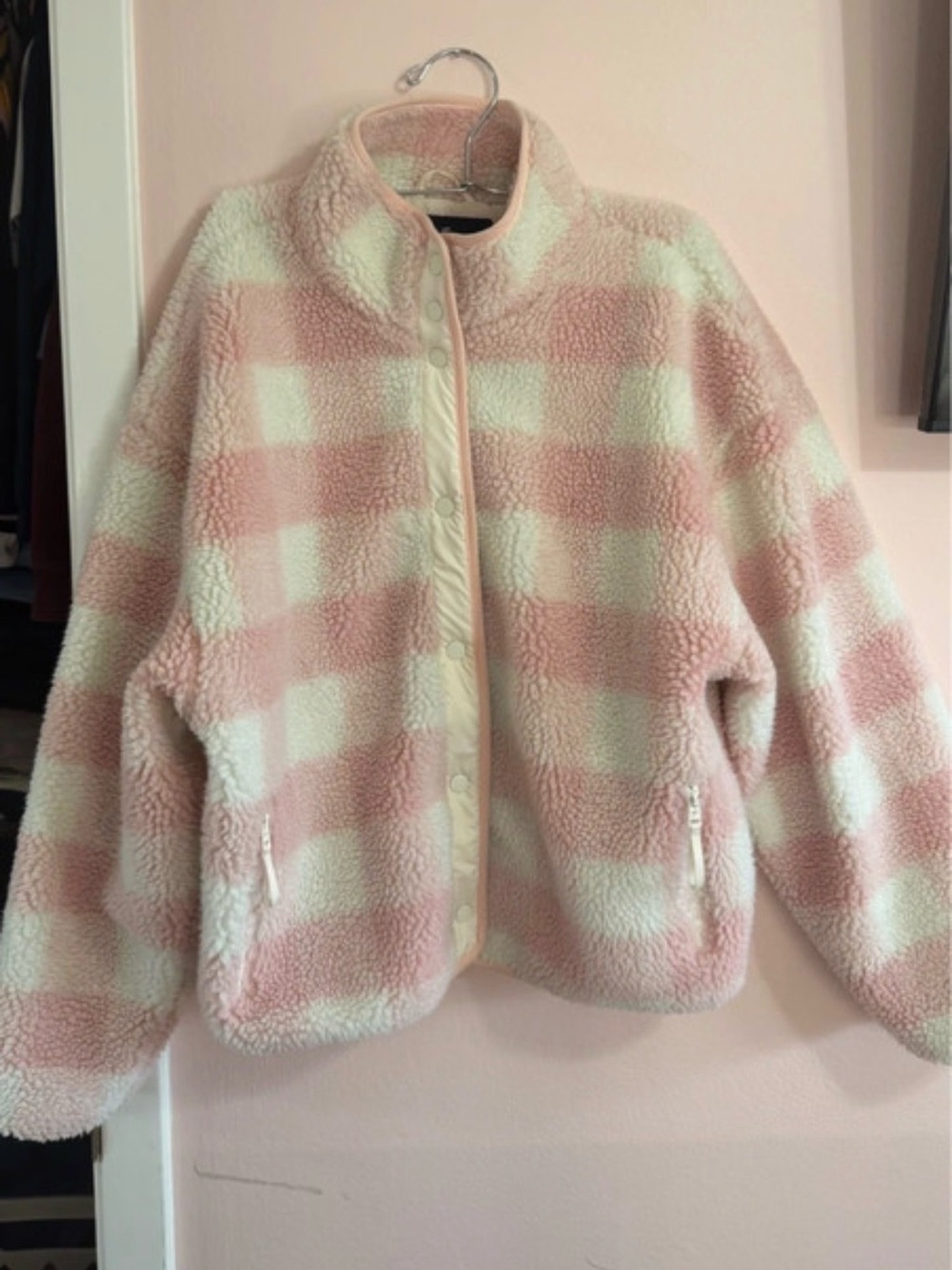 Fabletics Tahoe Teddy Jacket Women's Pink Gingham Plaid Sherpa Jacket Size Large - Picture 6 of 9